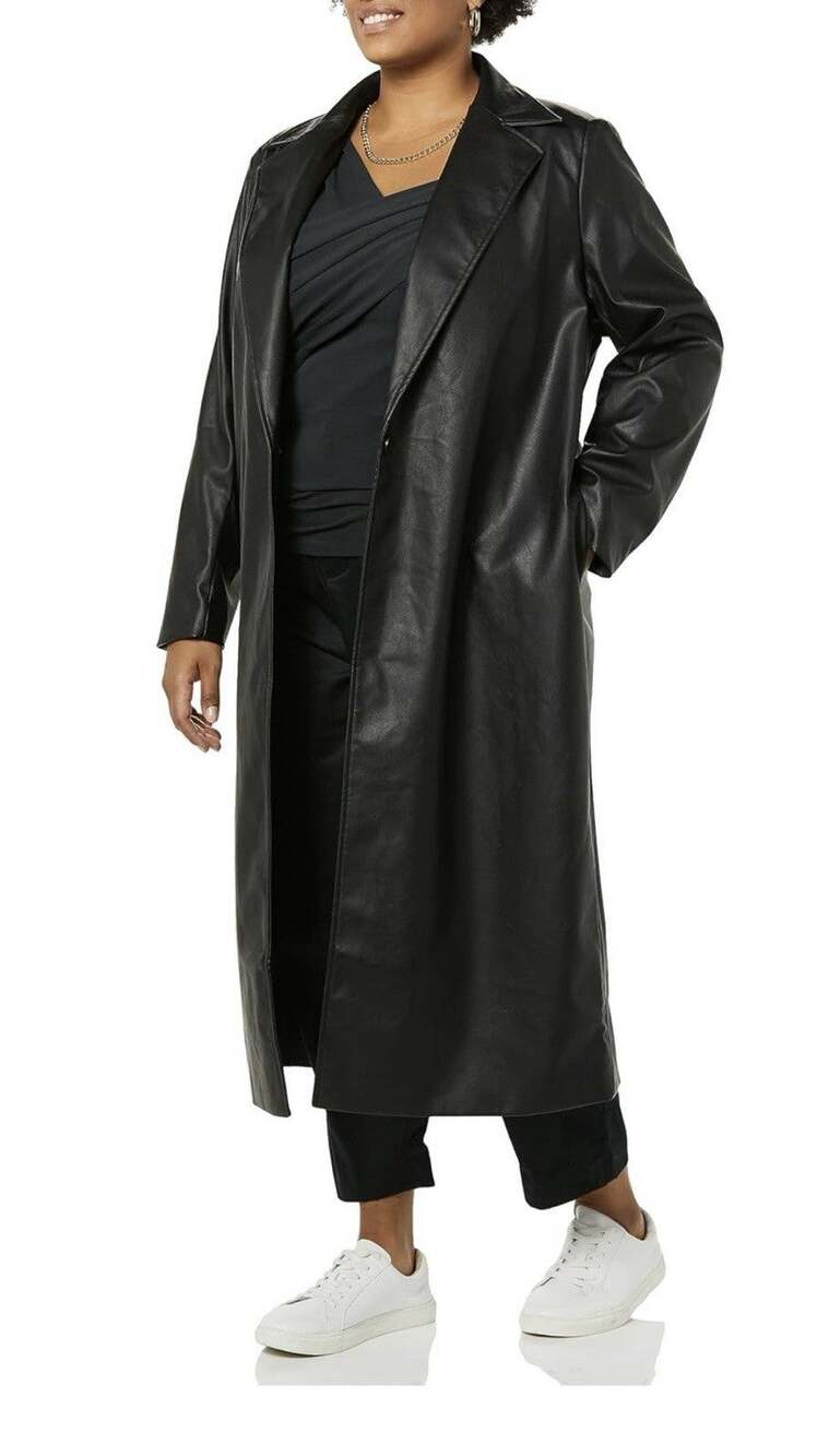 Terea By Andrea Pitter Black Faux Leather Long Coat Belt TR311 Medium NWT